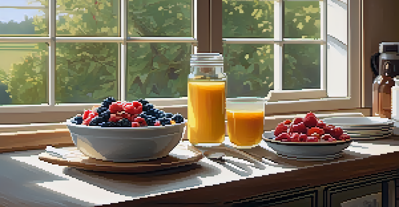 A bowl of oatmeal topped with berries and nuts on a kitchen counter, with warm light and potted plants in the background.
