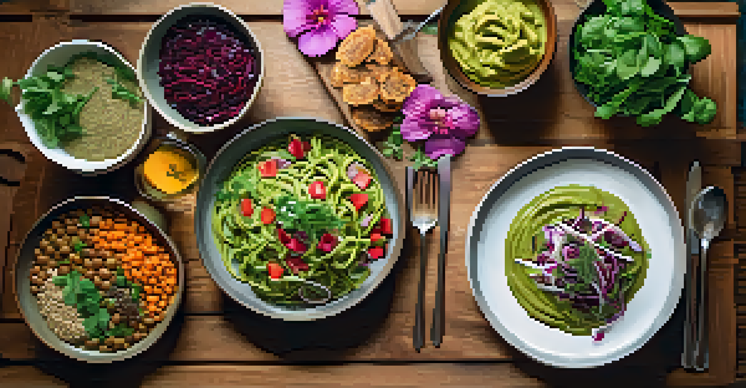 An overhead view of a rustic wooden table with various vegan dishes including pasta, salad, and soup, decorated with herbs and edible flowers.