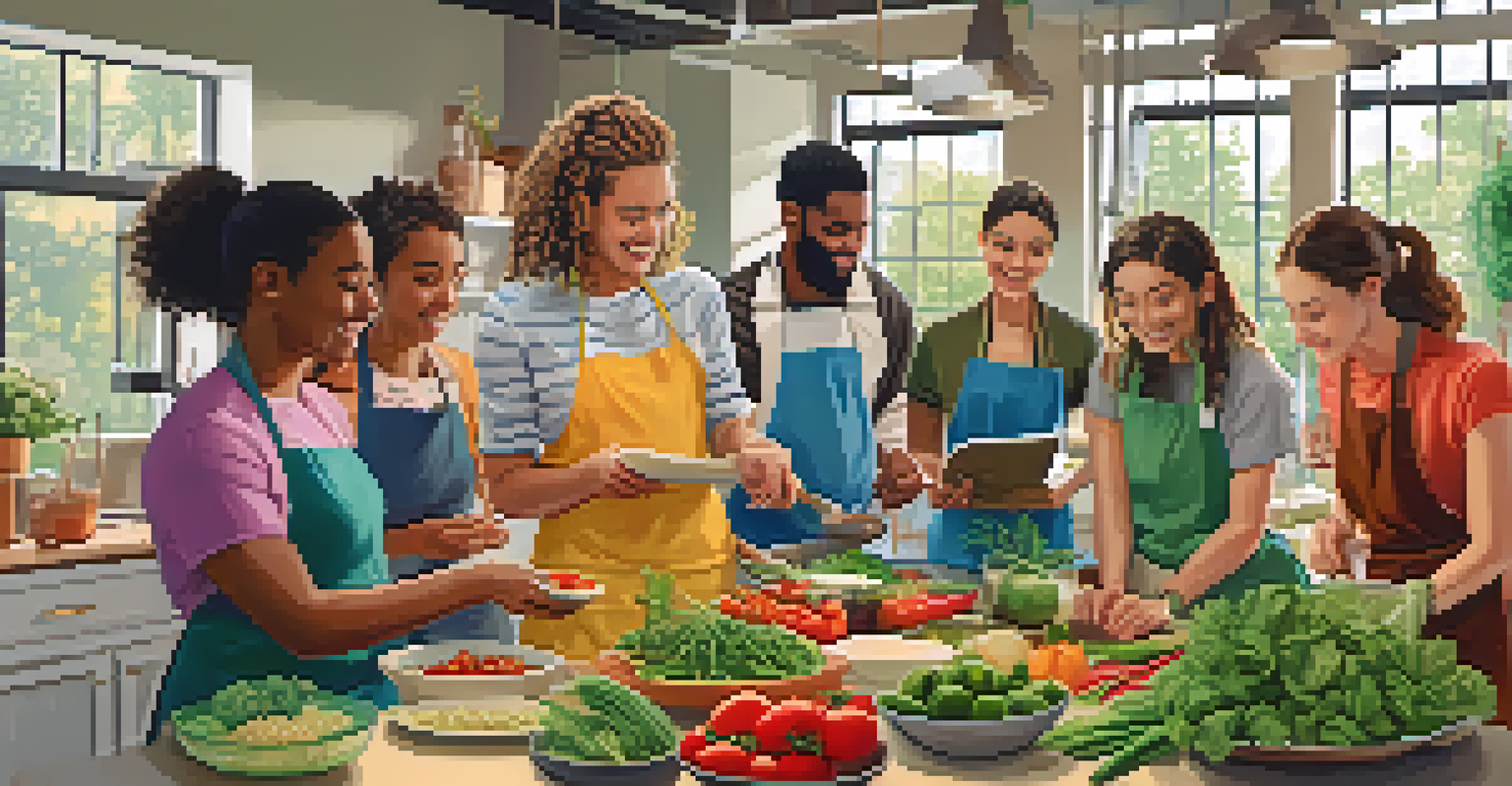 A cooking class scene with diverse participants learning to prepare vegan recipes in a bright kitchen.