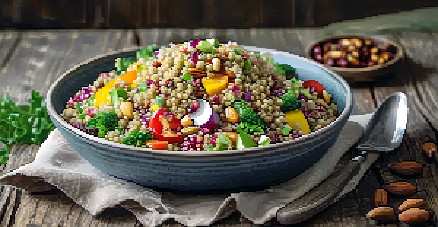 A colorful quinoa salad on a rustic wooden table, adorned with fresh vegetables and nuts.