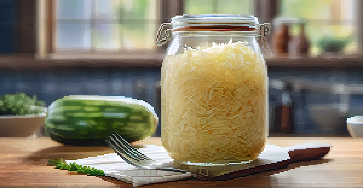 A close-up of a hand tasting sauerkraut from a glass jar with a fork, showcasing the vibrant texture against a softly blurred kitchen background.