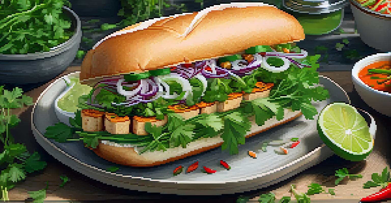 A beautifully arranged vegan Banh Mi sandwich with marinated tofu, pickled vegetables, and fresh herbs on a wooden table, surrounded by vibrant greens and a dipping sauce.