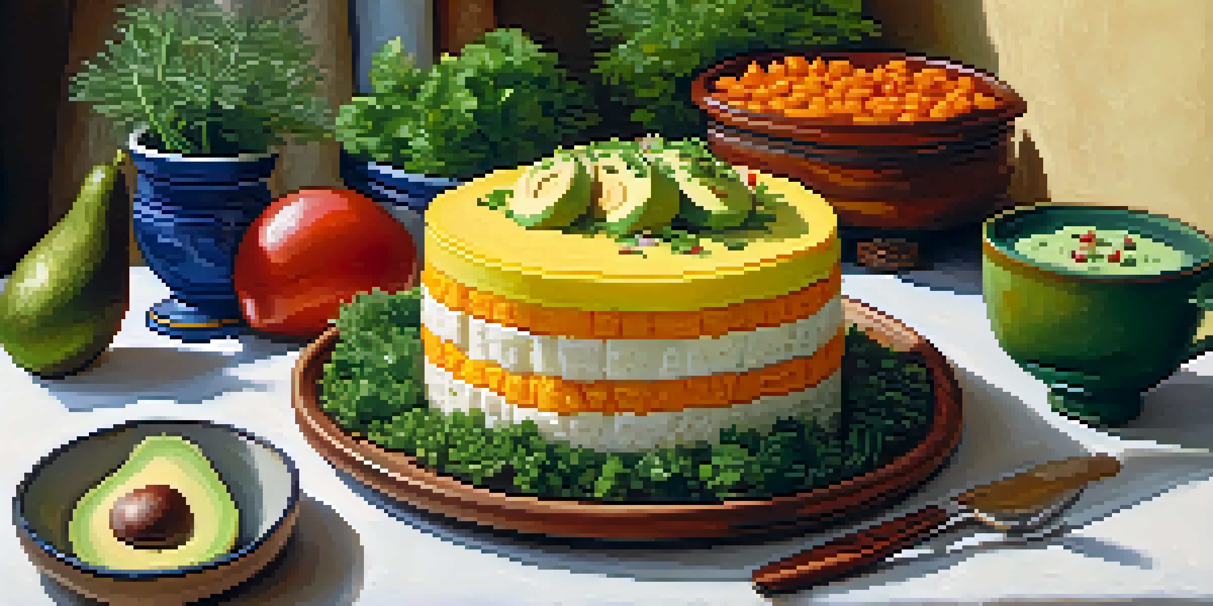 A vibrant display of 'Causa,' a Peruvian vegan dish with layers of mashed yellow potatoes, avocado, and vegetables, set on a rustic table amidst greenery.
