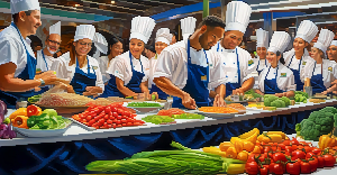 A lively vegan cooking competition with chefs in colorful aprons and a variety of fresh ingredients on display.