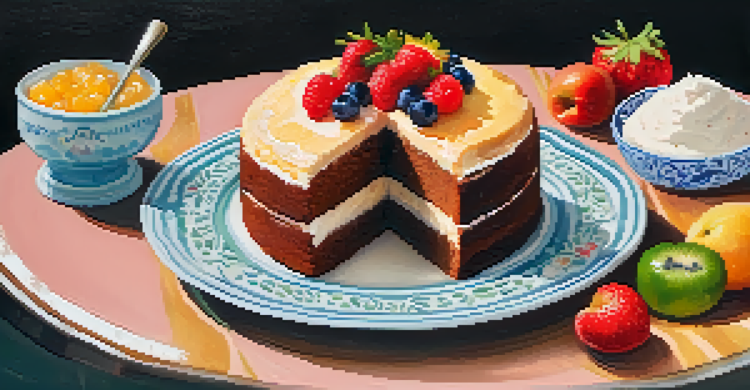 An overhead view of a vegan cake on a decorative plate, garnished with fruit and powdered sugar, with bowls of natural sweeteners and aquafaba around it.