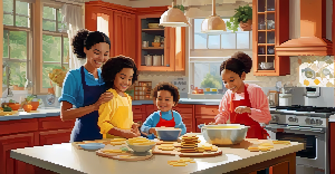 A family cooking pancakes in a bright kitchen, with children mixing batter and a parent pouring pancakes onto a griddle.