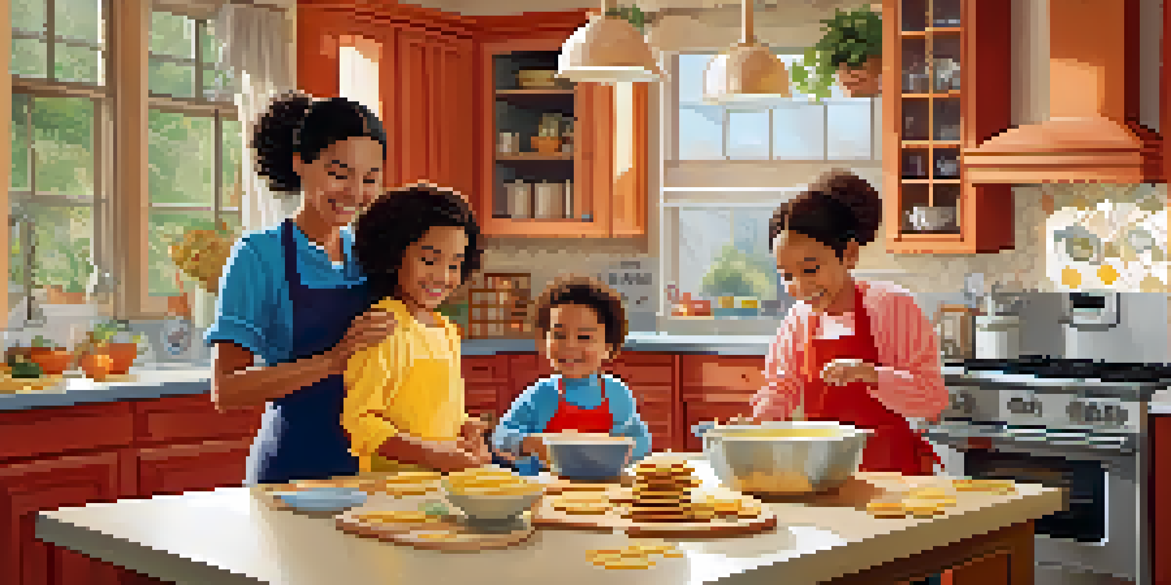 A family cooking pancakes in a bright kitchen, with children mixing batter and a parent pouring pancakes onto a griddle.