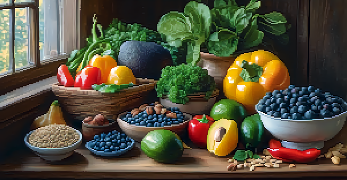 A colorful assortment of fresh vegan foods including blueberries, avocados, leafy greens, and bell peppers on a wooden table illuminated by soft natural light.