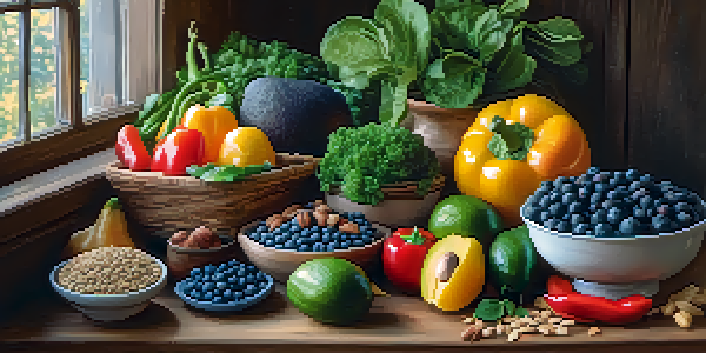 A colorful assortment of fresh vegan foods including blueberries, avocados, leafy greens, and bell peppers on a wooden table illuminated by soft natural light.