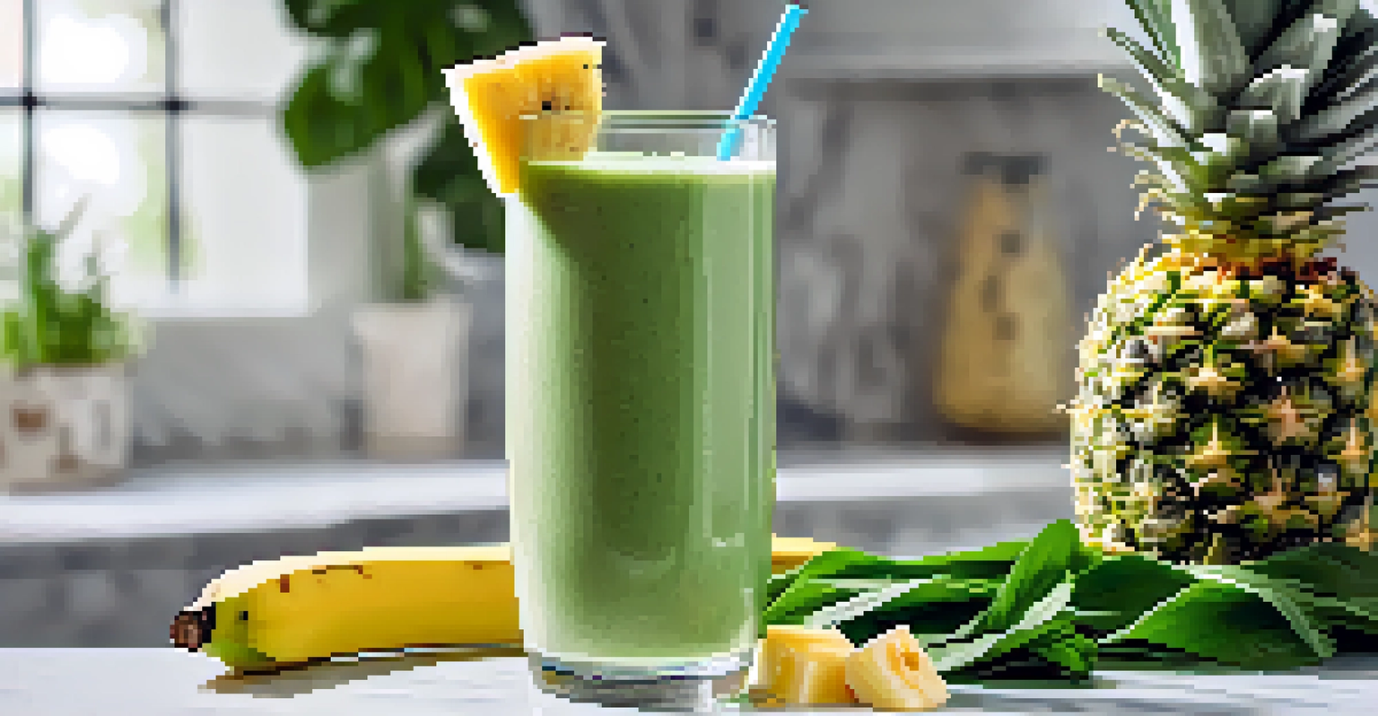A clear glass filled with a green smoothie made of banana, spinach, and turmeric, garnished with pineapple.