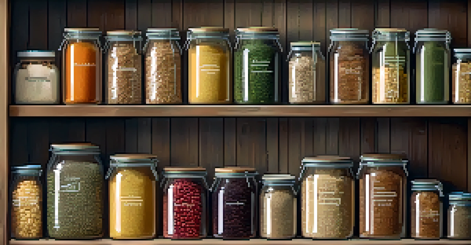 A well-organized pantry showcasing jars of grains and legumes, emphasizing sustainability and mindful ingredient choices in a soft-lit environment.