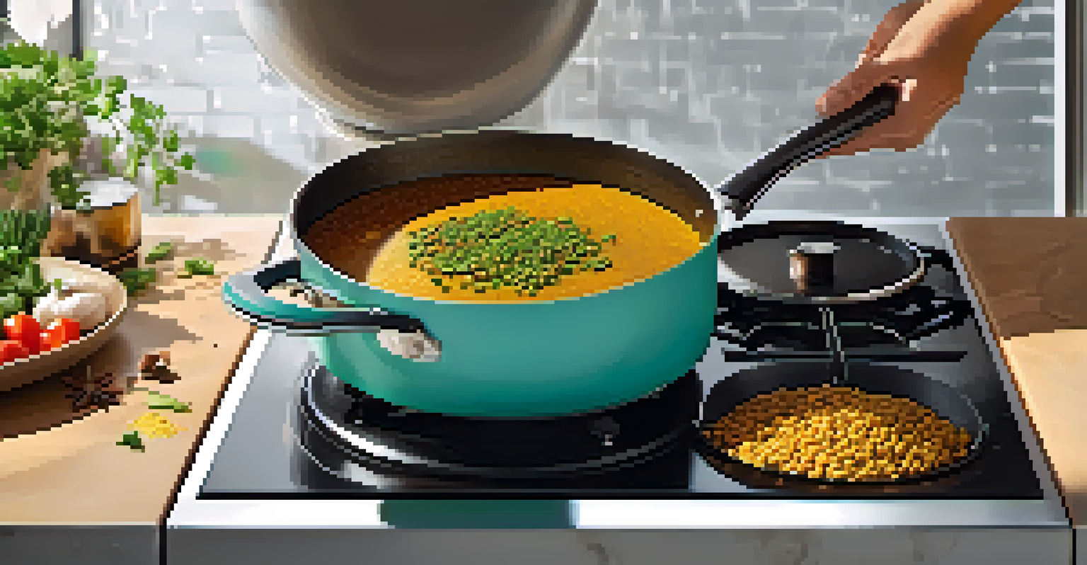 A chef preparing a vegan lentil curry in a modern kitchen, with fresh herbs and spices being added to the frying pan.