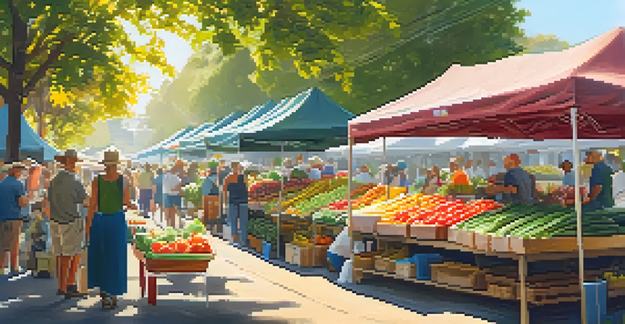 A lively farmers' market with colorful fruits and vegetables under sunny canopies, showcasing fresh produce and community interaction.