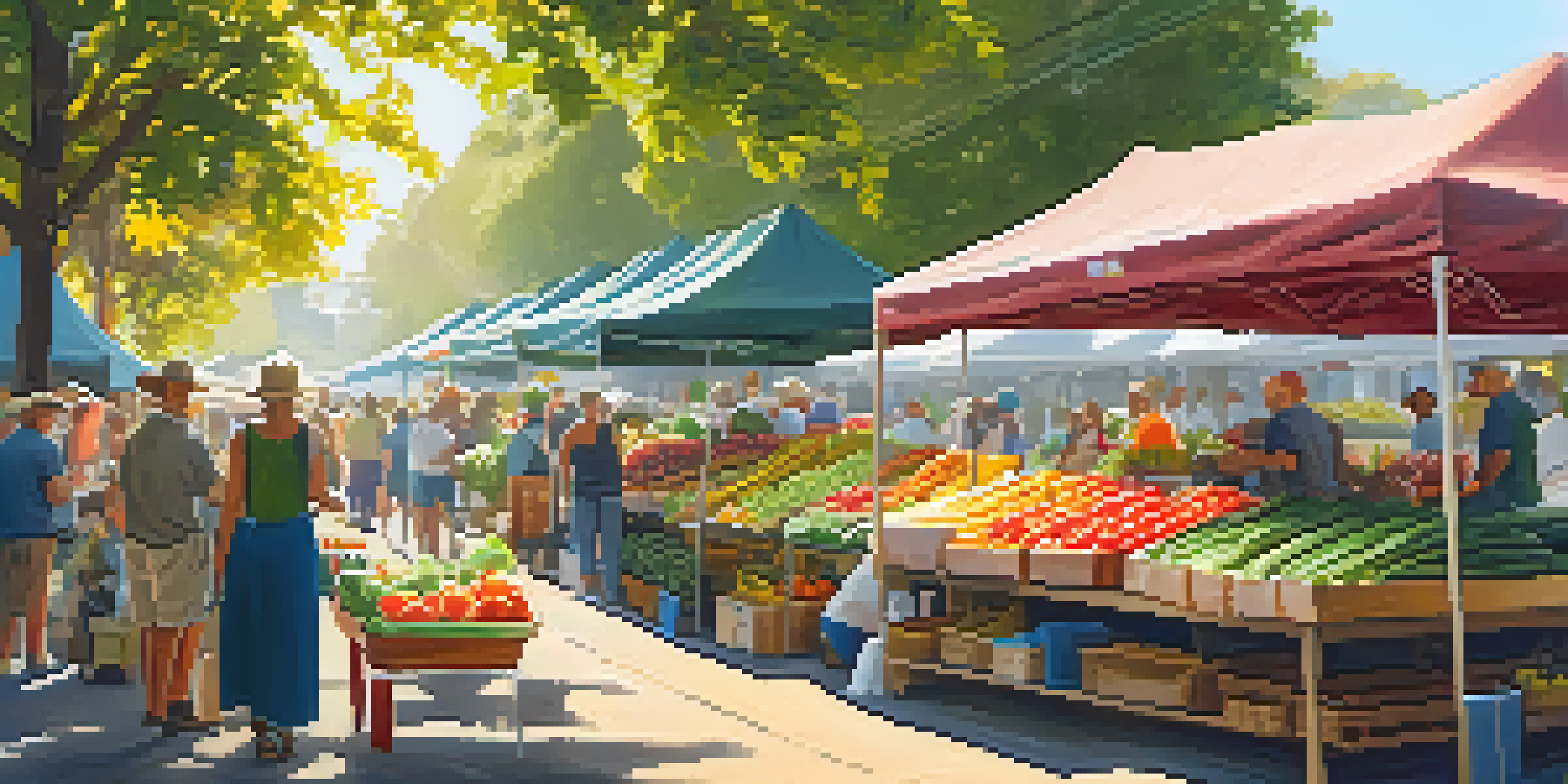 A lively farmers' market with colorful fruits and vegetables under sunny canopies, showcasing fresh produce and community interaction.