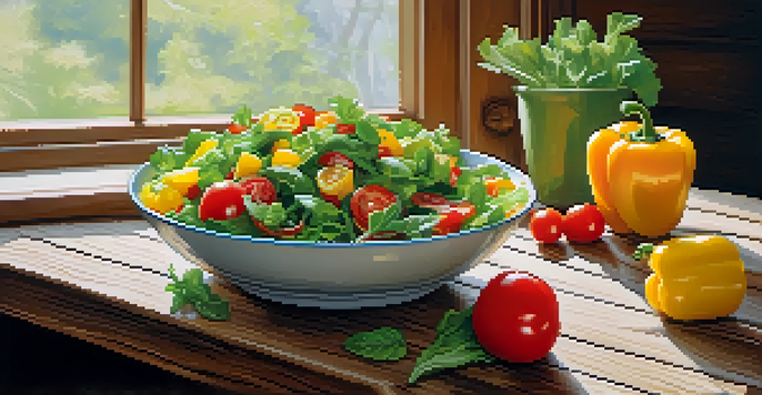A colorful vegan salad featuring greens, cherry tomatoes, and bell peppers on a wooden table, illuminated by natural light.