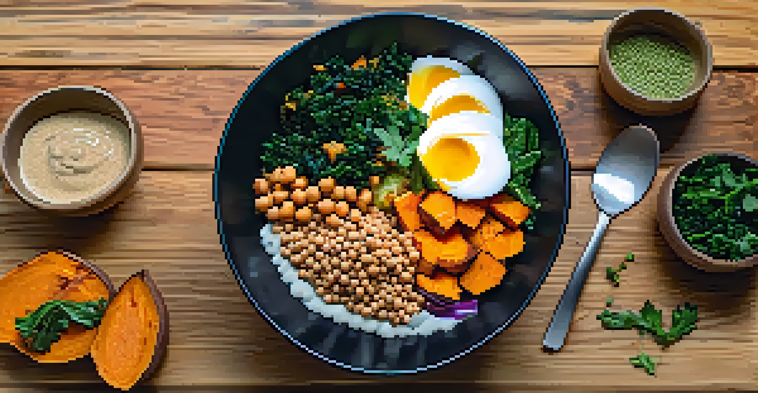 A colorful vegan buddha bowl with quinoa, sweet potatoes, kale, and chickpeas, topped with tahini dressing.