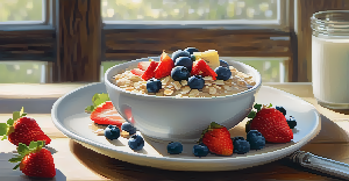 A bowl of oatmeal topped with coconut yogurt, fresh fruits, and nuts on a rustic wooden table with morning light.