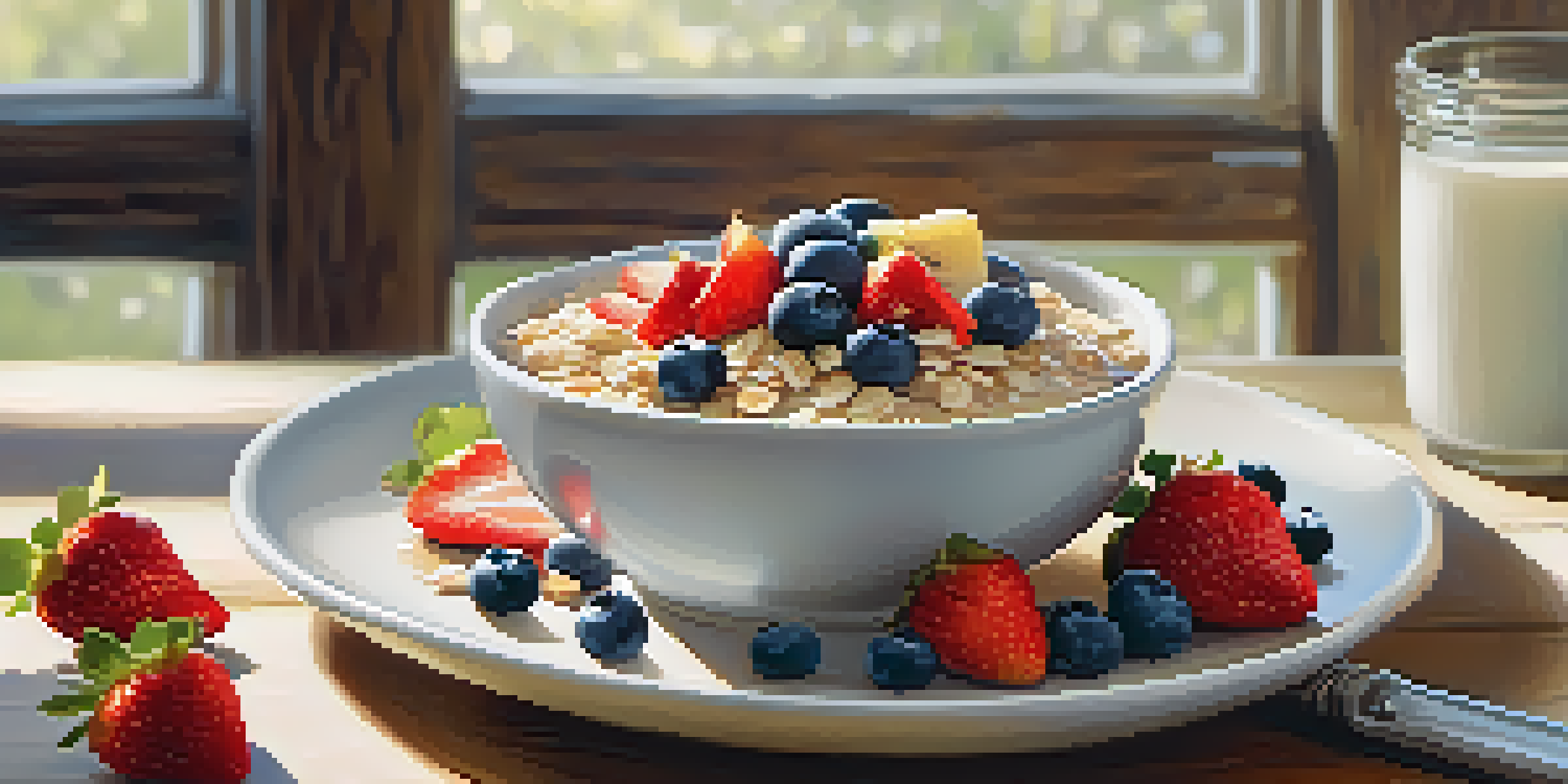 A bowl of oatmeal topped with coconut yogurt, fresh fruits, and nuts on a rustic wooden table with morning light.