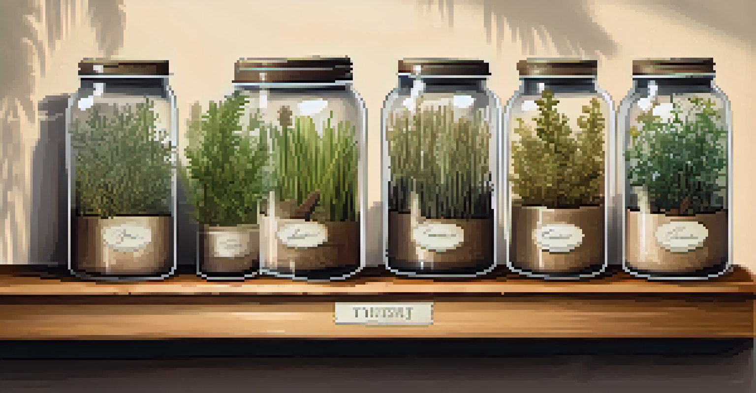 Glass jars of dried herbs on a wooden shelf, surrounded by potted plants, with warm lighting creating a cozy atmosphere.
