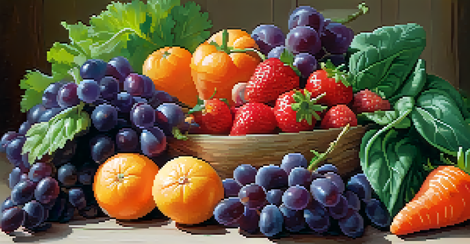 A colorful display of fresh fruits and vegetables arranged on a wooden table, highlighting their vibrant colors and natural textures.