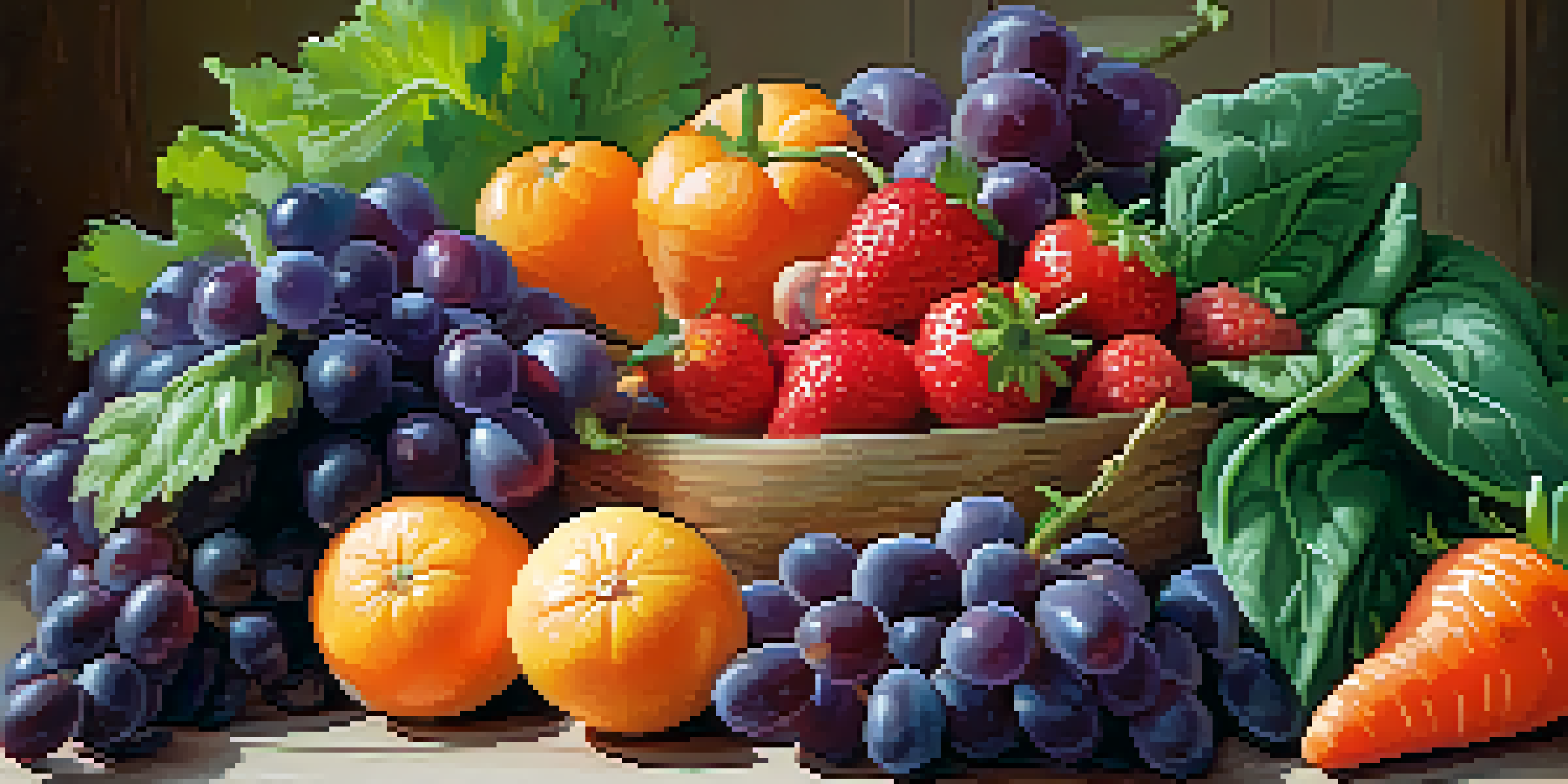 A colorful display of fresh fruits and vegetables arranged on a wooden table, highlighting their vibrant colors and natural textures.
