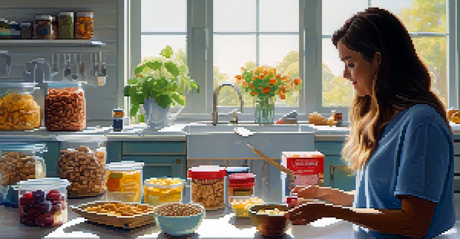 A person reading ingredient labels on vegan snacks in a bright kitchen filled with fruits and nuts.
