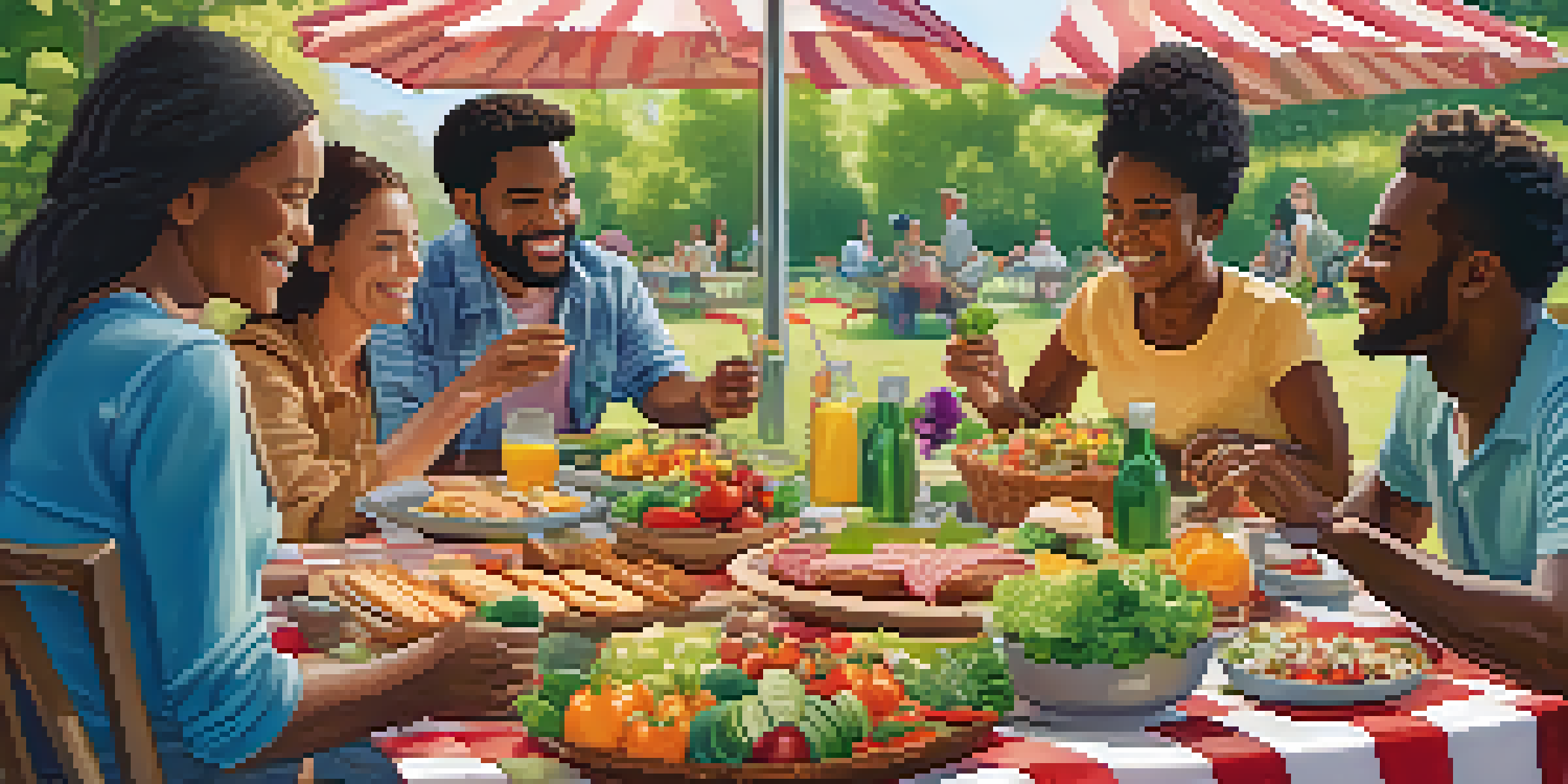 A diverse group of people having a picnic in a sunny park, surrounded by colorful plant-based foods on a checkered blanket.
