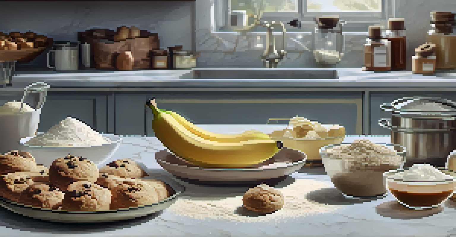 Ingredients for vegan baking displayed on a marble countertop with baked goods in the background.