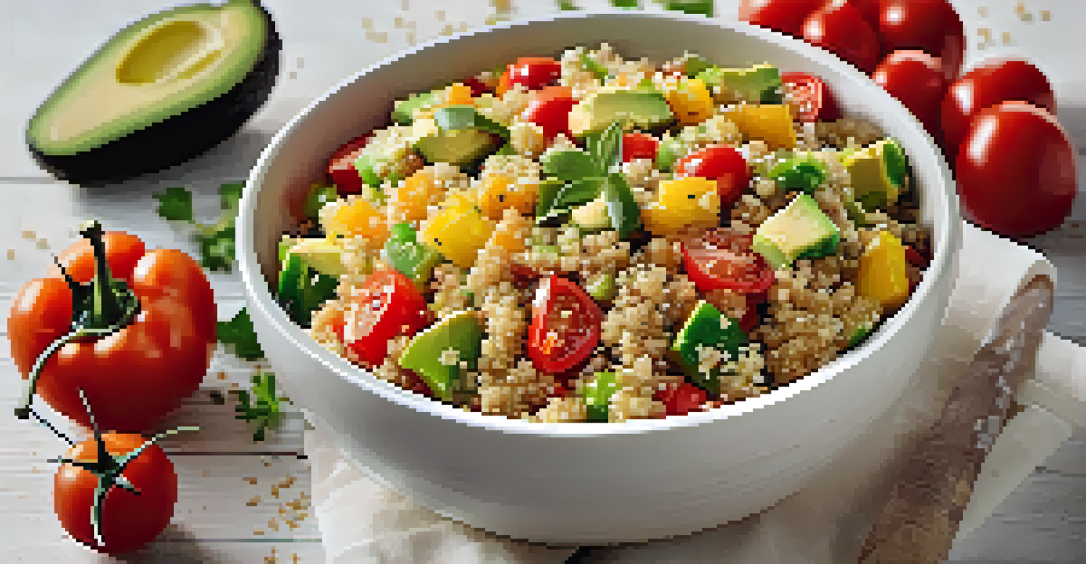 A nutritious quinoa salad with colorful vegetables like bell peppers, tomatoes, and avocado in a white bowl on a wooden surface.