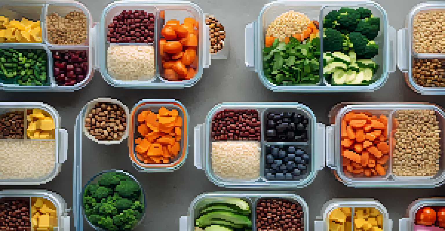 An organized meal prep session with containers of healthy meals, grains, and vegetables, surrounded by kitchen utensils and fresh ingredients, viewed from above.