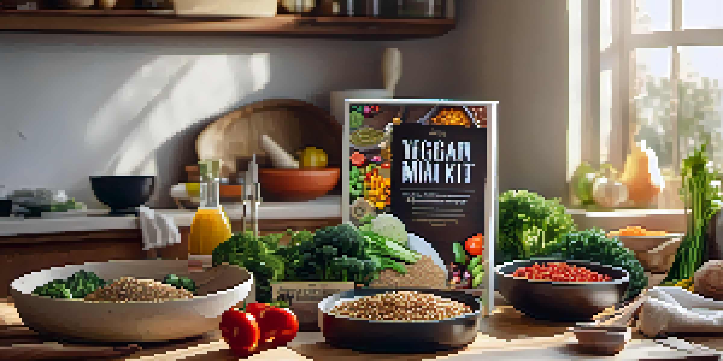 A vegan meal kit with fresh vegetables, grains, and spices arranged on a wooden table, illuminated by warm sunlight.