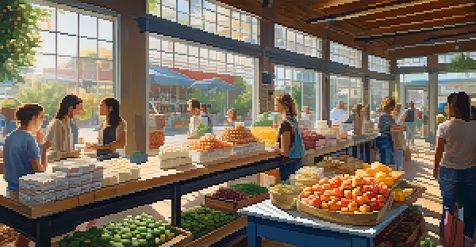 A bustling market scene filled with colorful plant-based dairy products, including almond milk and oat yogurt, with sunlight shining through a window.
