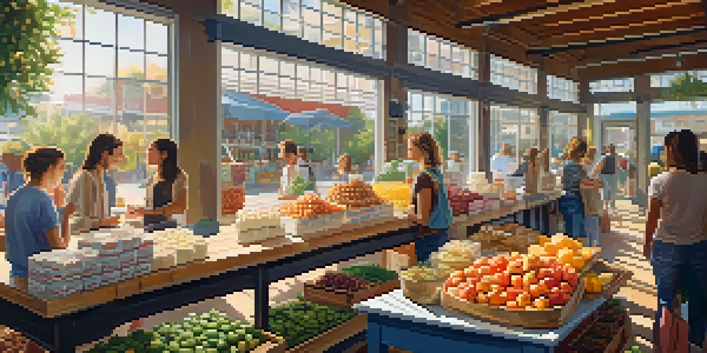 A bustling market scene filled with colorful plant-based dairy products, including almond milk and oat yogurt, with sunlight shining through a window.