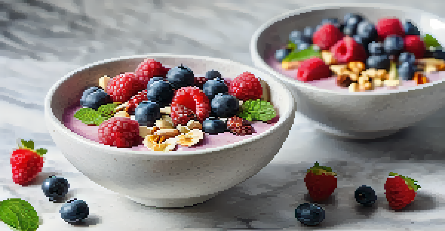 A smoothie bowl topped with fresh berries, nuts, and seeds, placed on a marble countertop.