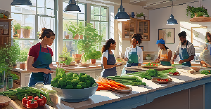 Participants in a bright kitchen attending a vegan cooking class, surrounded by fresh ingredients and sunlight.