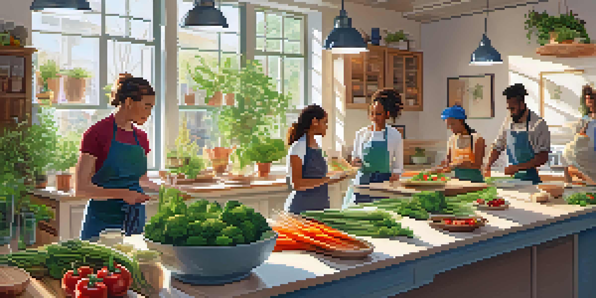 Participants in a bright kitchen attending a vegan cooking class, surrounded by fresh ingredients and sunlight.