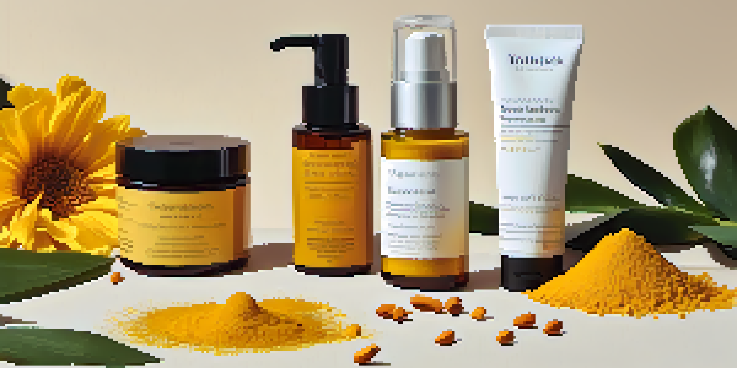 A flat lay of vegan skincare products with turmeric, surrounded by flowers and turmeric powder, under soft lighting.