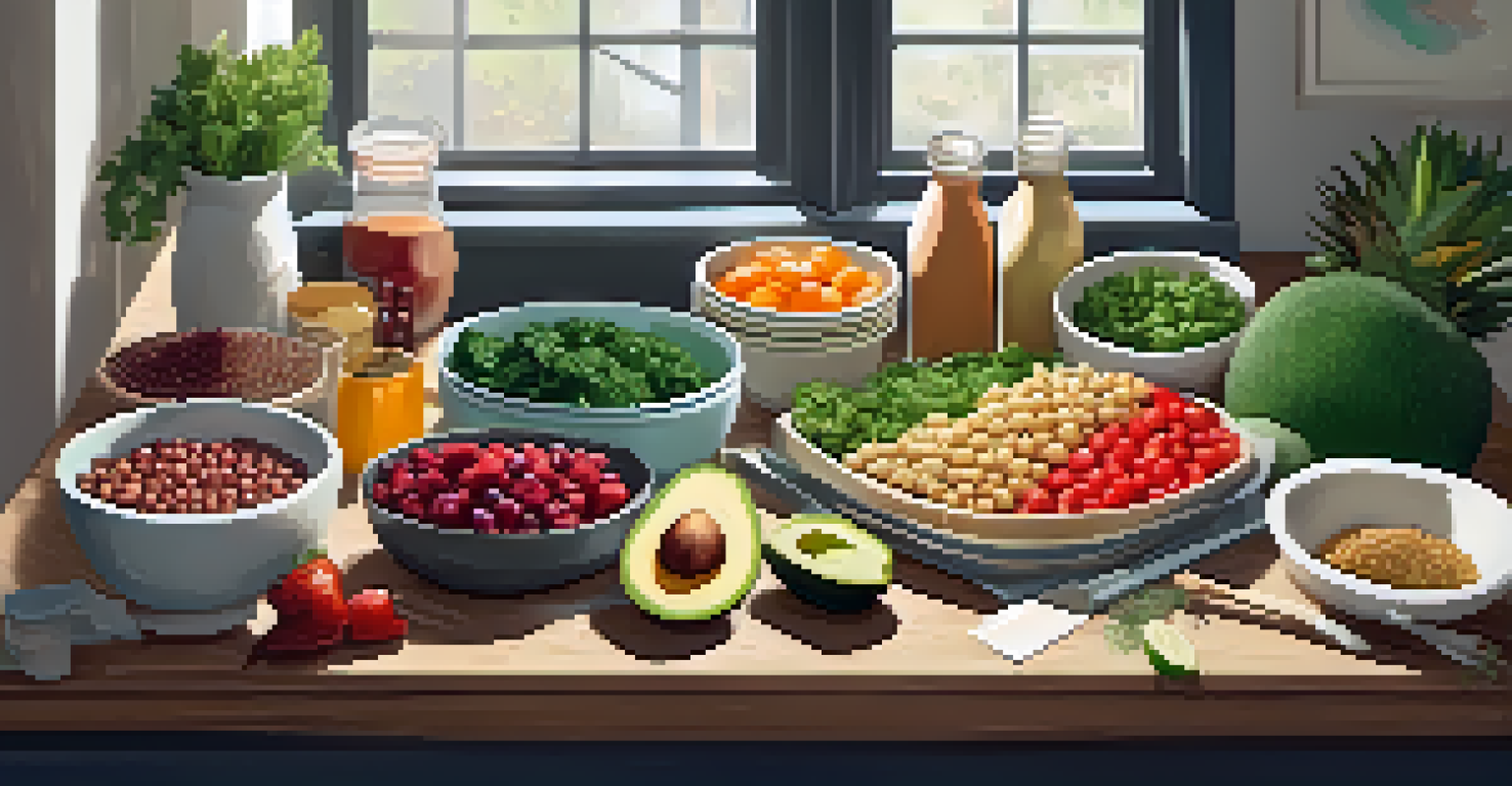 An artistic flat lay of a vegan meal prep setup with fresh ingredients like quinoa, chickpeas, and vegetables on a wooden countertop.