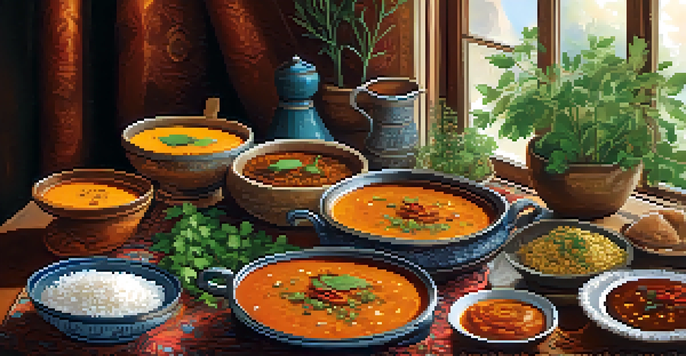 A colorful spread of Indian vegan dishes including sambar, rasam, and rice, with fresh herbs and spices on a warm table.
