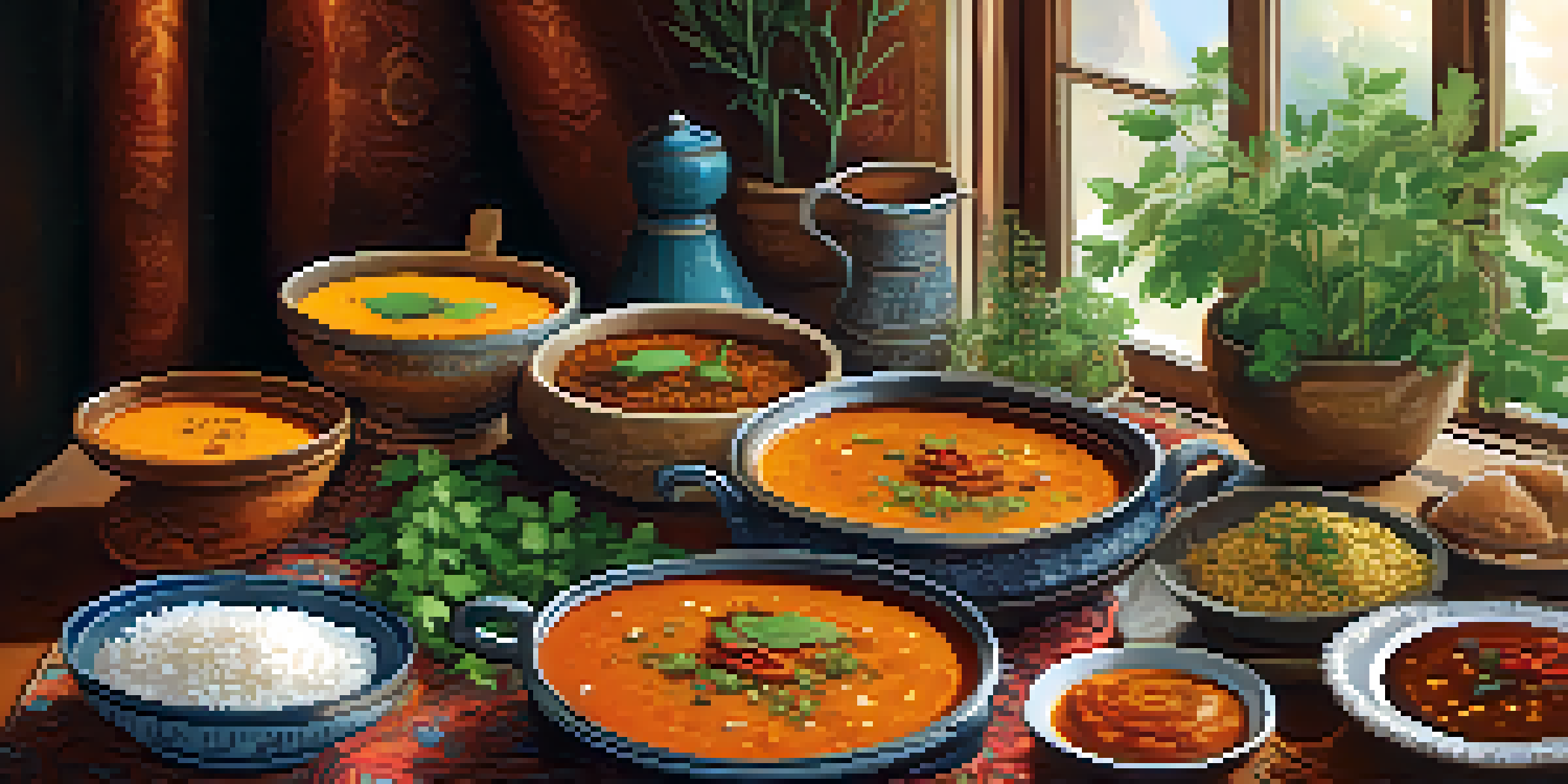 A colorful spread of Indian vegan dishes including sambar, rasam, and rice, with fresh herbs and spices on a warm table.