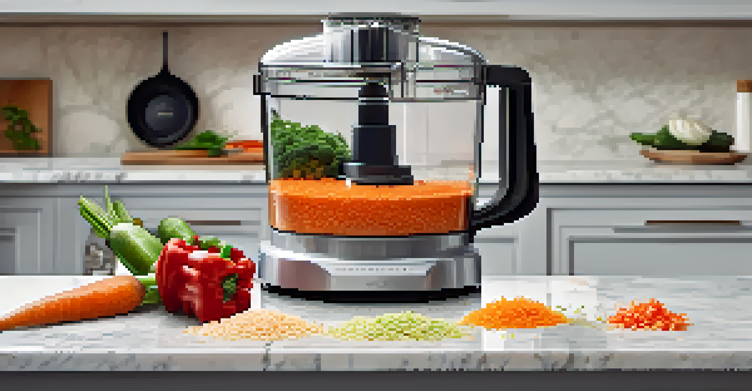 A food processor on a marble countertop with chopped vegetables around it, bathed in soft natural light.