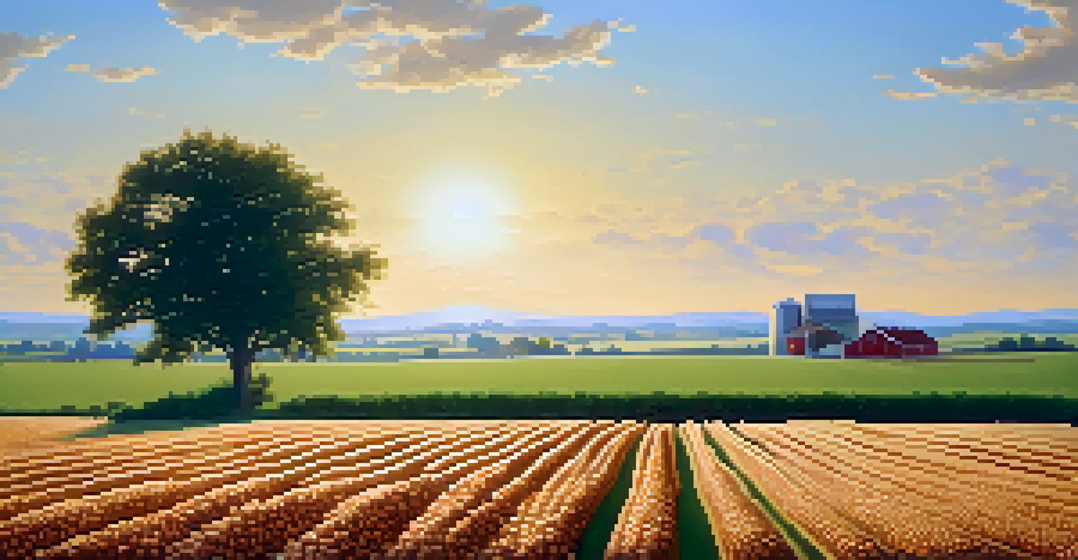 A peaceful green field with growing lentils and beans, featuring a watering can and a sign for sustainable farming under a clear blue sky.