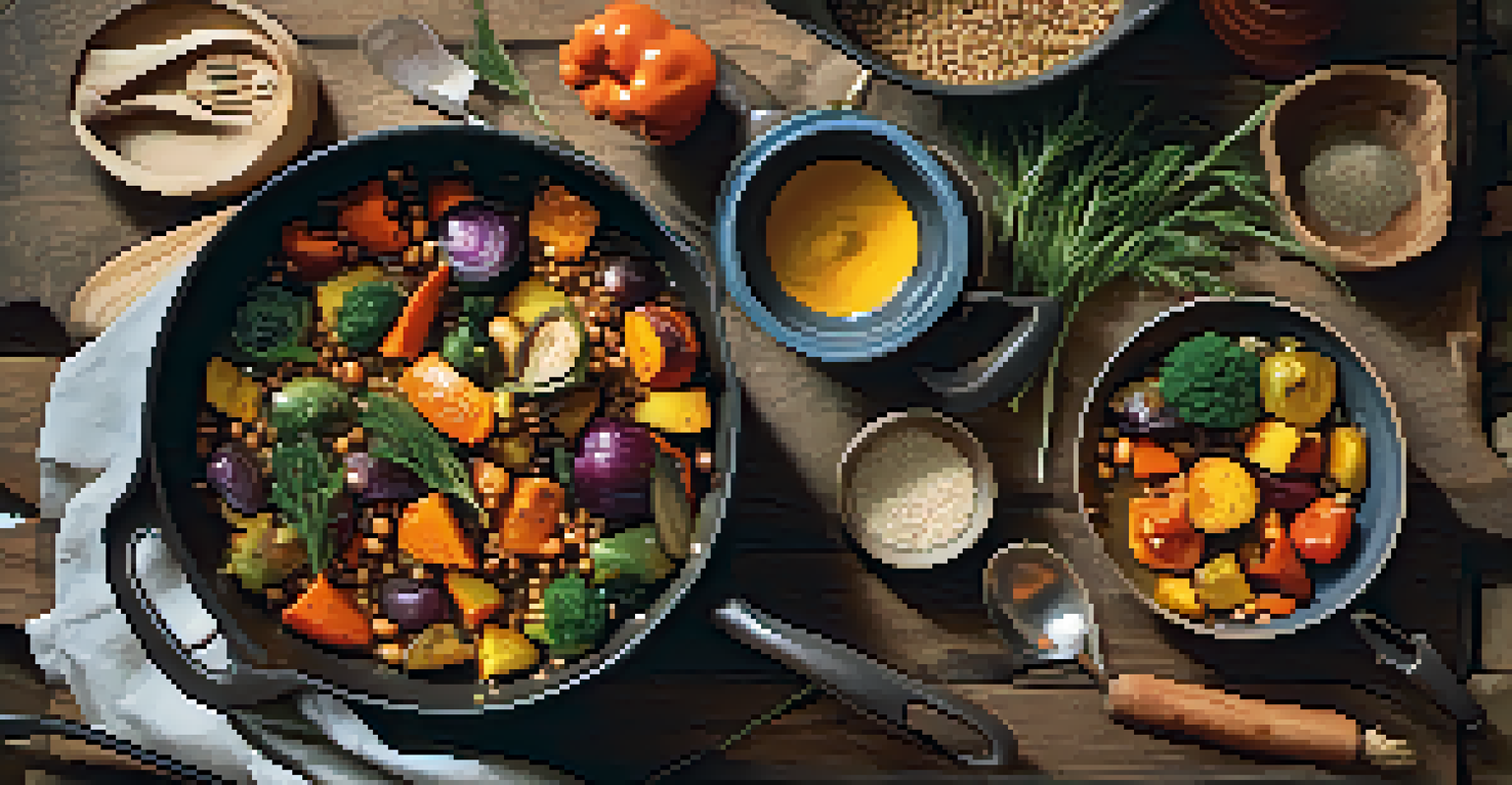 A vibrant one-pot meal cooking on a stove, filled with a colorful mix of roasted vegetables and grains, set in a rustic kitchen.