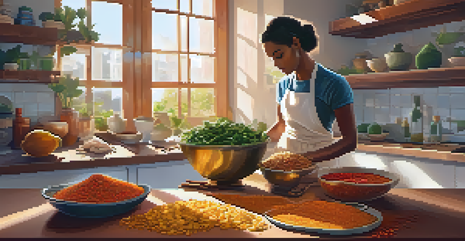A cook preparing jackfruit for vegan shawarma in a sunlit kitchen with various spices on the counter.