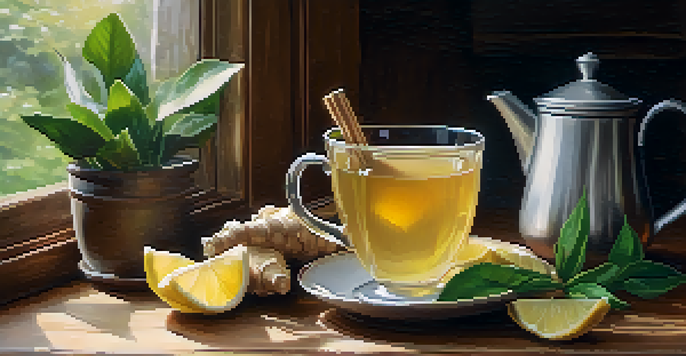 A steaming cup of ginger tea with slices of ginger and a lemon wedge on a wooden table, surrounded by a cozy kitchen ambiance.