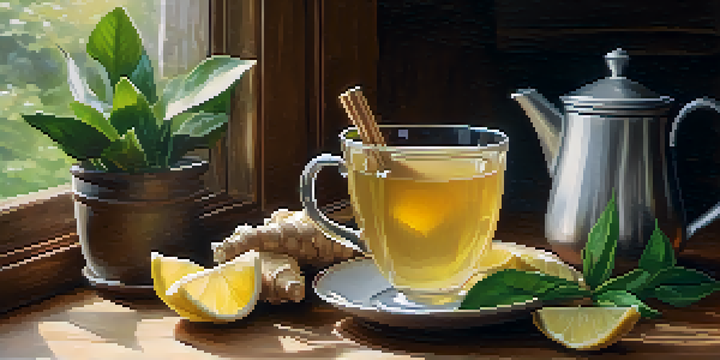 A steaming cup of ginger tea with slices of ginger and a lemon wedge on a wooden table, surrounded by a cozy kitchen ambiance.