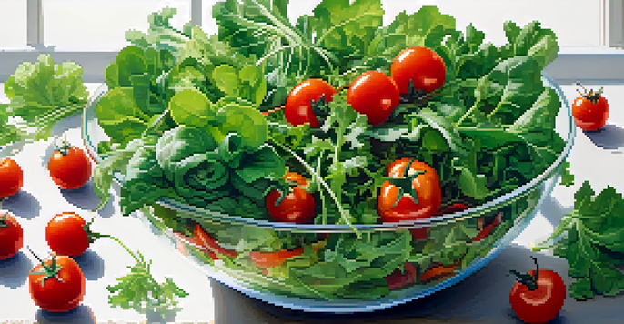 A colorful salad bowl filled with fresh leafy greens and assorted vegetables, showcasing vibrant colors and textures.