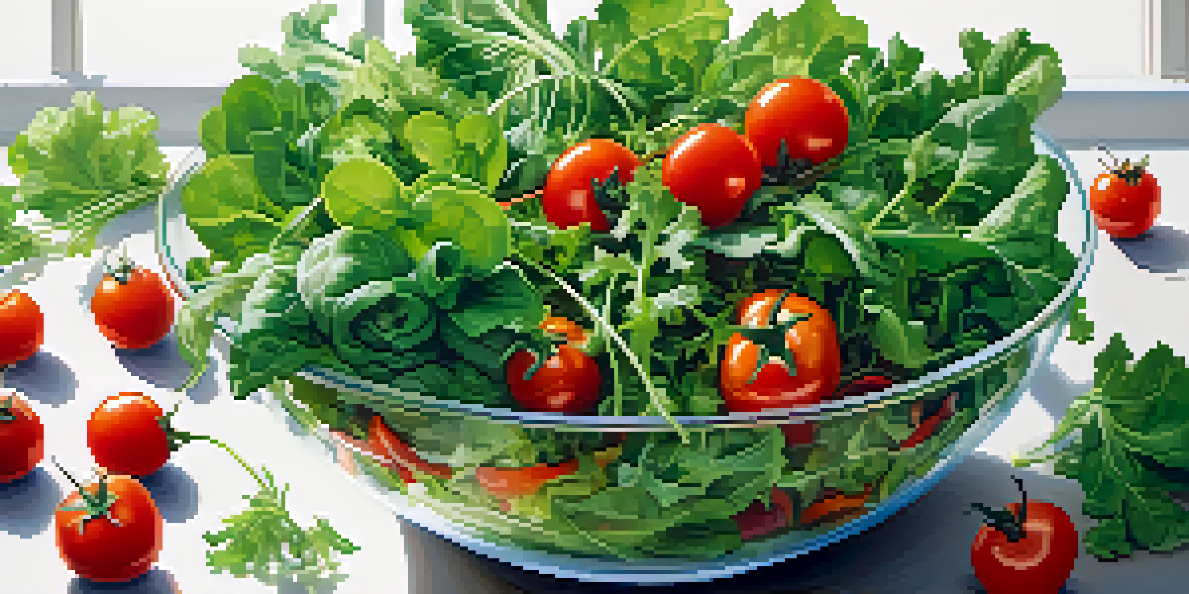 A colorful salad bowl filled with fresh leafy greens and assorted vegetables, showcasing vibrant colors and textures.