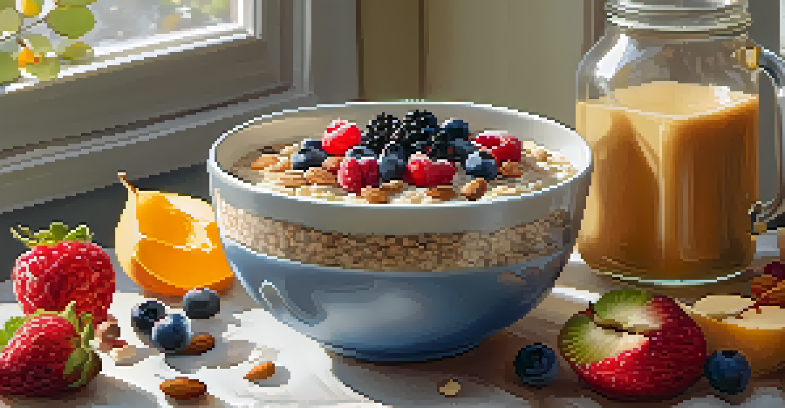 A bowl of overnight oats topped with fruits and nuts, with ingredients and natural light in a cozy kitchen.