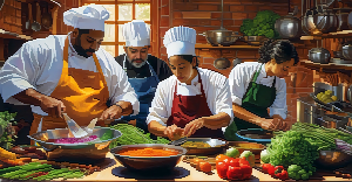 A diverse group of vegan chefs working together in a bright kitchen, preparing colorful dishes with fresh vegetables and spices.